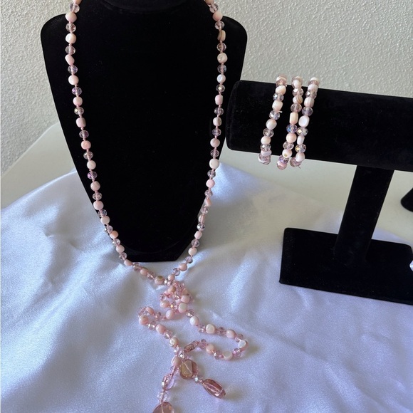 Beaded Long Wrap Necklace Matching 3 Beaded Bracelets Pink Party Barbie Fairy - Picture 6 of 7